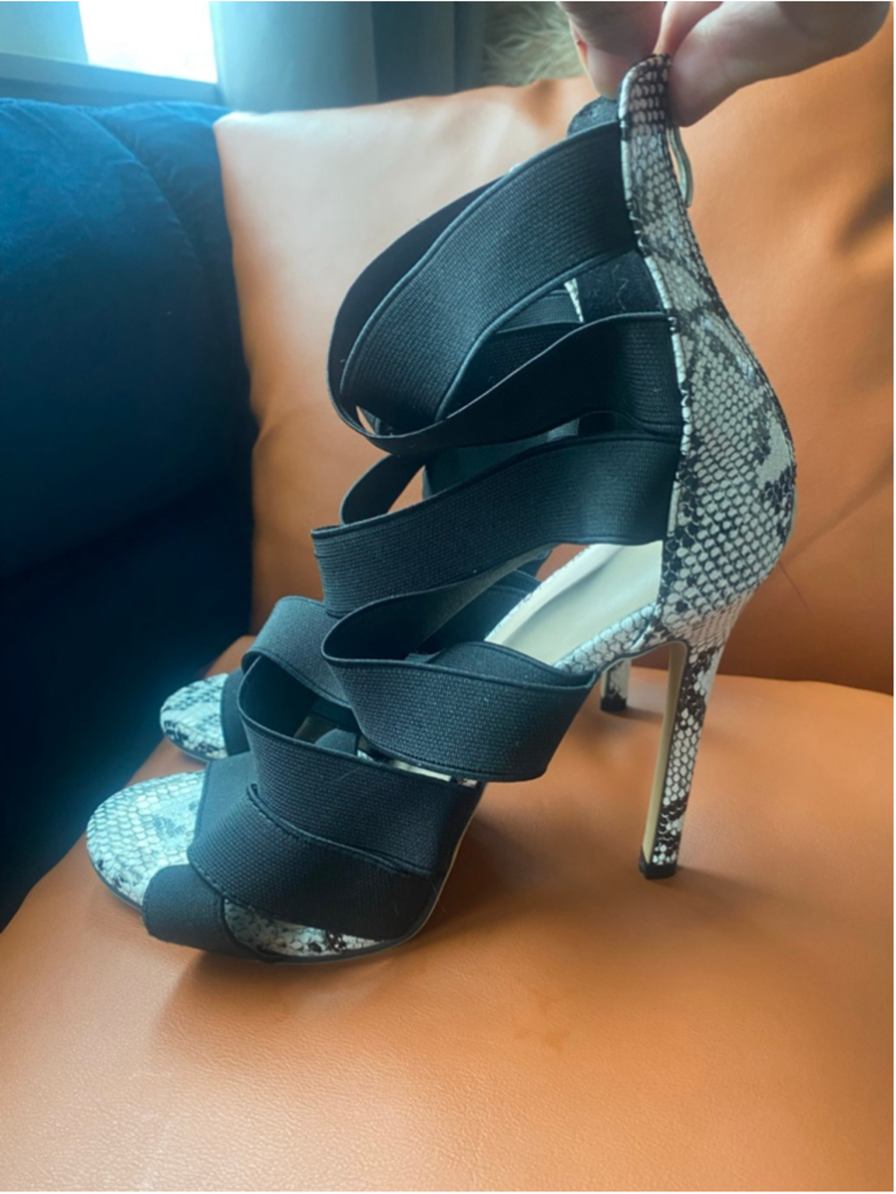 Black and white snake skin strap stiletto sandals pumps